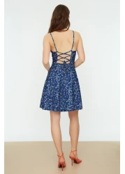  Collection Blue Floral Print Mini Knitted Dress with Backless and Adjustable Straps - TWOSS20EL1630