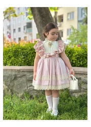 Hly Karol Tasarım Fairytale Powder Pink Vintage Baby Girl Dress, Birthday Dress, Photo Shoot Dress, Suitable for Ages 0-13