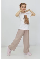 RAPİDO LİFE Girl's Summer Printed Short Sleeve T-Shirt Striped Pattern Belted Pants Two Piece Set