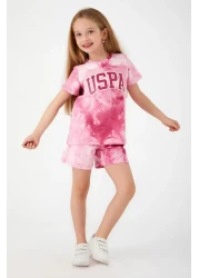 U.S. Polo Assn. قاعدة. طقم شورت بناتي باللون الأبيض الفاتح بتفاصيل خط وردي من Polo Assn