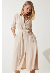 Happiness İstanbul Women's Cream Belted Shirt Dress DD01256