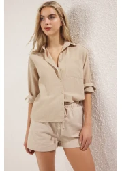  Collection قميص منسوج كبير الحجم من القطن والكتان المخلوط من المنك TWOSS25GO00096