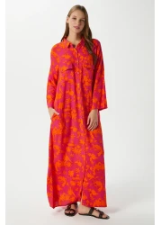 Ritnice فستان طويل بأزرار أمامية برتقالية اللون برتقالي 100٪ فيسكوز حديقة نسائية محتشمة