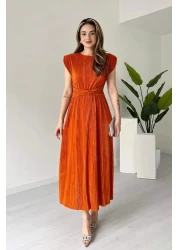 MODAMİNEM Women's Orange Pleated Double Breasted Lacing Detail Astral Daniel Dress