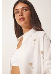 Happiness İstanbul Women's Ecru Crystal Stone Embroidered Ayrobin Shirt TU00025