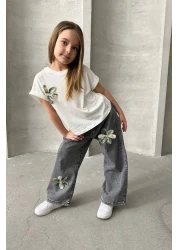 Minigimin Cicileri طقم بناتي مكون من قطعتين من Miniğimin Cicileri مع بنطال جينز بتفاصيل زنبق - أنثراسايت