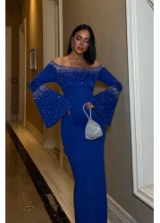 Mossta Saks Blue Spanish Sleeves Scuba Evening Dress - Stone Detail