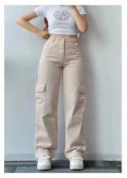 LAMİRAMOOD بنطلون جيب كارجو بيج واسع الساق بوسيدون