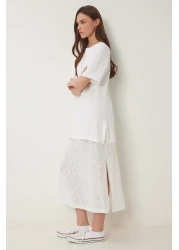 Happiness İstanbul Women Bone Stretchy Knitted Top Lace Skirt Dress Cr00486