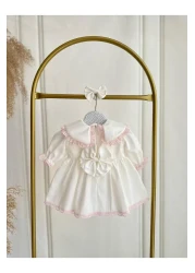 Hobidik HOBİDİK Girls Pink Guipure Lace White Satin Dress Set