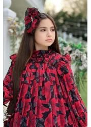 Riccotarz فستان بناتي بياقة مكشكشة وأكتاف مكشكشة ومطرز بالزهور باللون الأحمر