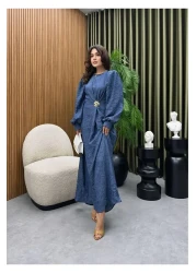 Cardella فستان نسائي من قماش الدنيم المجعد مع إكسسوارات - فستان صيفي من قماش الدنيم ذو قصة مريحة