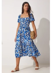 Happiness İstanbul Women's Blue Floral Patterned Summer Viscose Dress CI00079