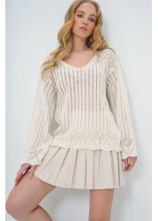 Trend Alaçatı Stili Women's Vanilla Boat Neck Openwork Summer Knitwear Blouse ALC-X10640