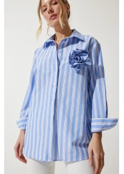 Happiness İstanbul Women's Sky Blue Premium Flower Brooch Detailed Shirt UL00015