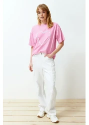  Collection Pink 100% Cotton Heart Slogan Printed Oversize/Comfortable Cut Knitted T-Shirt TWOSS24TS00139