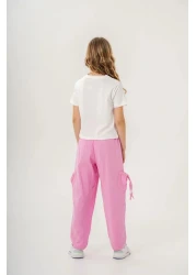 Magu طقم تي شيرت بناتي قطني أبيض مطبوع عليه زهور وبنطلون جيب وردي