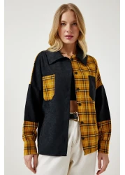 Happiness İstanbul Women's Black Mustard Color Blocked Suede Woven Shirt WF00064