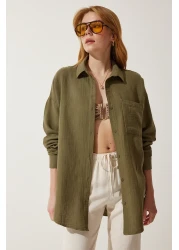 Happiness İstanbul Women's Khaki Oversize Muslin Shirt with Pockets MX00150