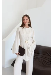 Laluvia Natural Gold Brooch Blouse Trousers Set - 8759