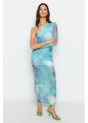  Collection Blue Patterned Draped Body Fitted Flexible Maxi Tulle Pencil Dress TWOSS23EL01799
