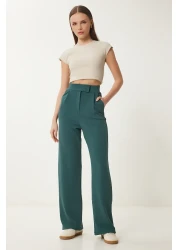 Happiness İstanbul Women's Emerald Green Velcro Waist Comfortable Woven Trousers RV00150
