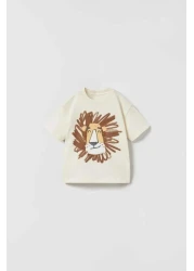 Magu طقم تي شيرت مطبوع عليه أسد إكرو قطني للأطفال للجنسين وبنطلون مخطط – طقم صيفي مع جيوب