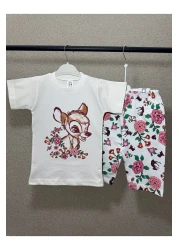 miniktavşanlarkids طقم تي شيرت وكابري لطيف للفتيات مصنوع من القطن بنسبة 100% بطبعة غزال - من عمر 1 إلى 10 سنوات