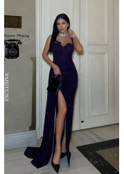 Mossta Purple Glitter Heart Neckline Slit Evening Dress