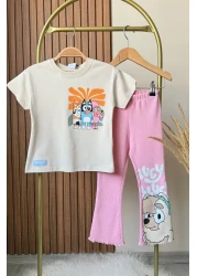 Monila طقم تي شيرت قطني مطبوع باللون الأزرق للفتيات وبنطلون سفلي ضيق بأرجل إسبانية