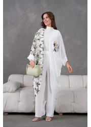 Miss Allos طقم كيمونو وبنطلون نسائي من الأمام مزين بزهرة التول ومطرز بالأحجار