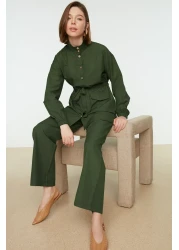  Modest Khaki Stand Collar Belted Shirt-Pants Woven Suit TCTSS21AU0247