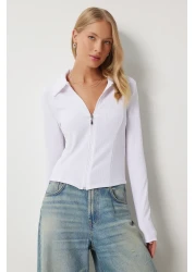 Happiness İstanbul White Polo Collar Zippered Women's Knitted Blouse - An00213