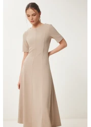 Happiness İstanbul Women Beige Flared Midi Summer Knitted Dress Zh00047