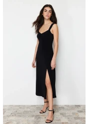  Collection Black Heart Collar Slit Straight Stretchy Knitted Midi Dress Twoss24El00412