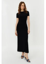  Collection Black Short Sleeve Bodycone/Fitted Crew Neck Flexible Knitted Maxi Pencil Dress TWOSS24EL00097