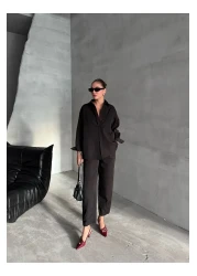 Laluvia Black Marlin Belted Shirt Trousers Set - 8453