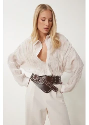 Happiness İstanbul Women's Cream Gathered Draped Woven Shirt Dp00234