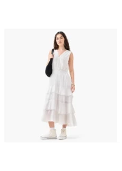 Lee Cooper فستان Lee Cooper متعدد الطبقات بدون أكمام مع تفاصيل دانتيل وفتحة رقبة على شكل حرف V