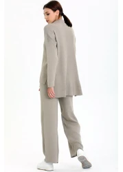 ALCHON ياقة واقفة، تفاصيل مخططة، سترة قصيرة من الأمام، طويلة من الخلف، خصر مرن، بنطلون مستقيم الساق، طقم تريكو مزدوج