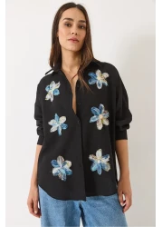 Bianco Lucci Women's Tulle Floral Accessory Long Sleeve Cotton Shirt 6526 60283057