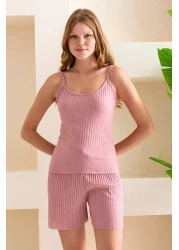 GİYSA Rose Rope Strap Camisole with Shorts Women's Pajamas Set Cotton Blended Fabric - 6015