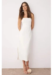  Collection White Lined Body Fitting Midi Woven Dress with Slit Detail Tprss24El00136