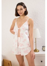  Collection Ecru 100% Cotton Floral Lacing Detailed Shorts Knitted Pajamas Set Thmss25Pt00436