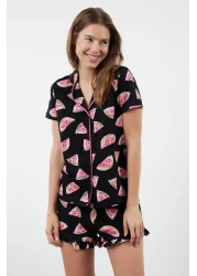  Collection Women Couple/Pair Black 100% Cotton Watermelon Patterned Frilly Shorts Knitted Pajamas Set Thmss21Pt0670