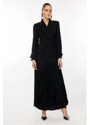 Moda İlgi فستان أسود طويل بتفاصيل مطوي وخرز