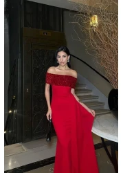 Mossta Off-The-Shoulder Sequined Long Evening Dress - Red