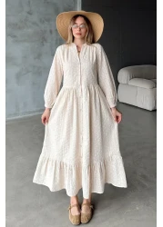 Olcay Button Midi Length Guipure Dress Beige 9351-E
