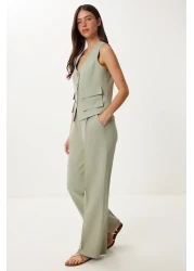 Happiness İstanbul Women's Green Linen Vest Palazzo Pants Suit Bv00126