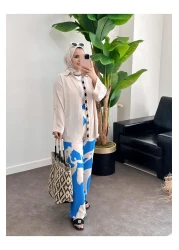 ASEL FASHİON طقم فيسكوز قطني مطرز باللون البيج والأزرق